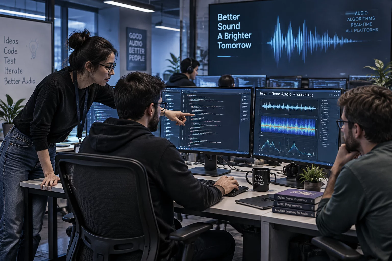 Software engineers programming real-time sound engine